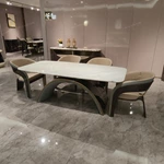 Rounded Rectangular Marble Dining Table with Woven Leather Arched Base and Metal Trim